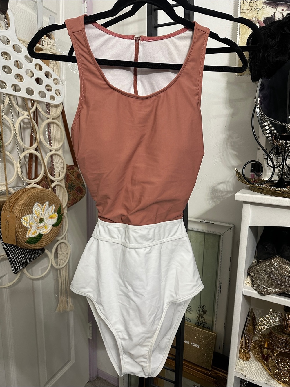 Two-Tone One-Piece Swimsuit — Dusty Rose Top & White Bottom